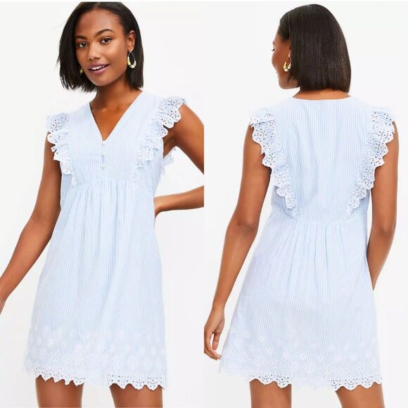 Loft Sz LP Blue Striped Eyelet Button Ruffle Swing‎ Dress Country Cottage Coasta - Picture 4 of 8
